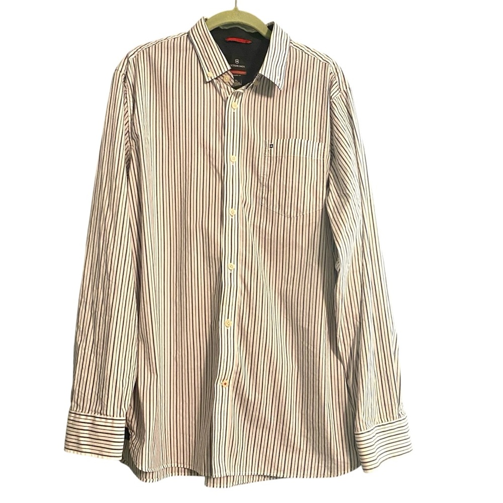 Victorinox Tailored Fit White Gray Pin Striped Long Sleeve Button Down Shirt XL